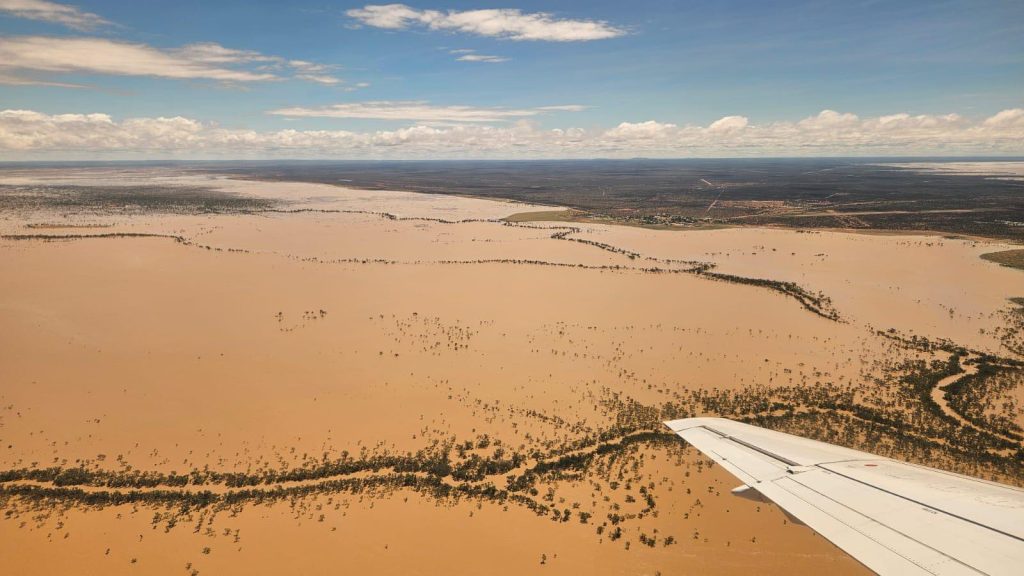 An “inland sea” seen from the air as floodwaters cut off the outback town of Windorah from the rest of Queensland.