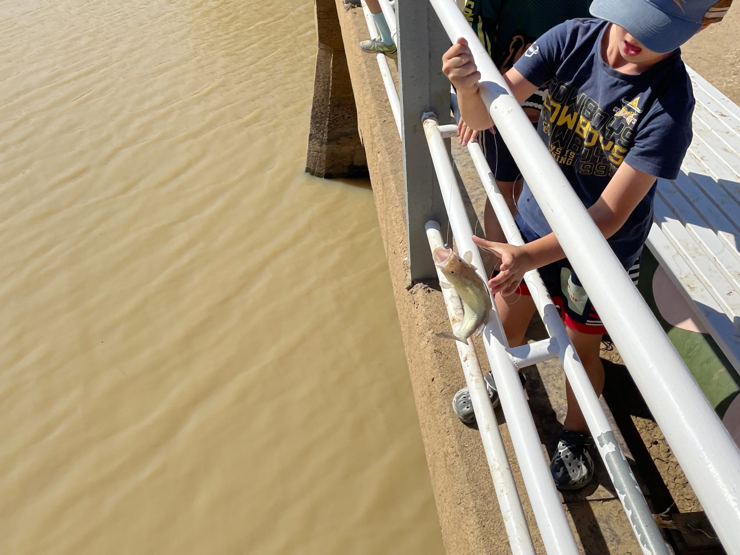 Catching a fish! at Longreach's Junior Fishing Day A boy catches a fish on a hand reel from the river below!