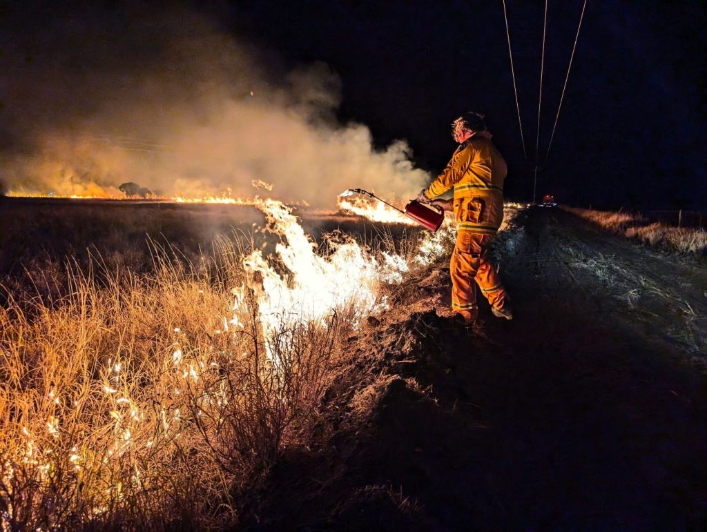 A new Rural Fire Service firefighter volunteer lights a section of grass with a blow torch in the evening hours of a Tuesday night.