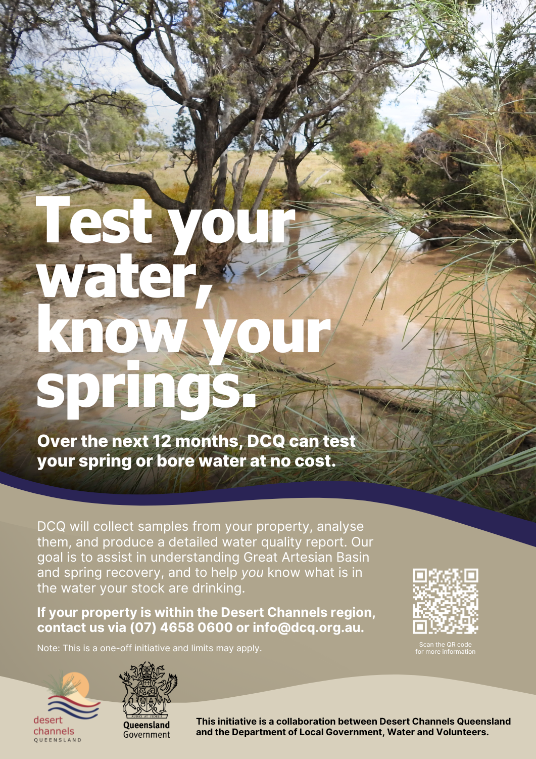 A flyer that says "Test your water know your springs" and provides information on how landholders can access free water quality testing in the DCQ region.